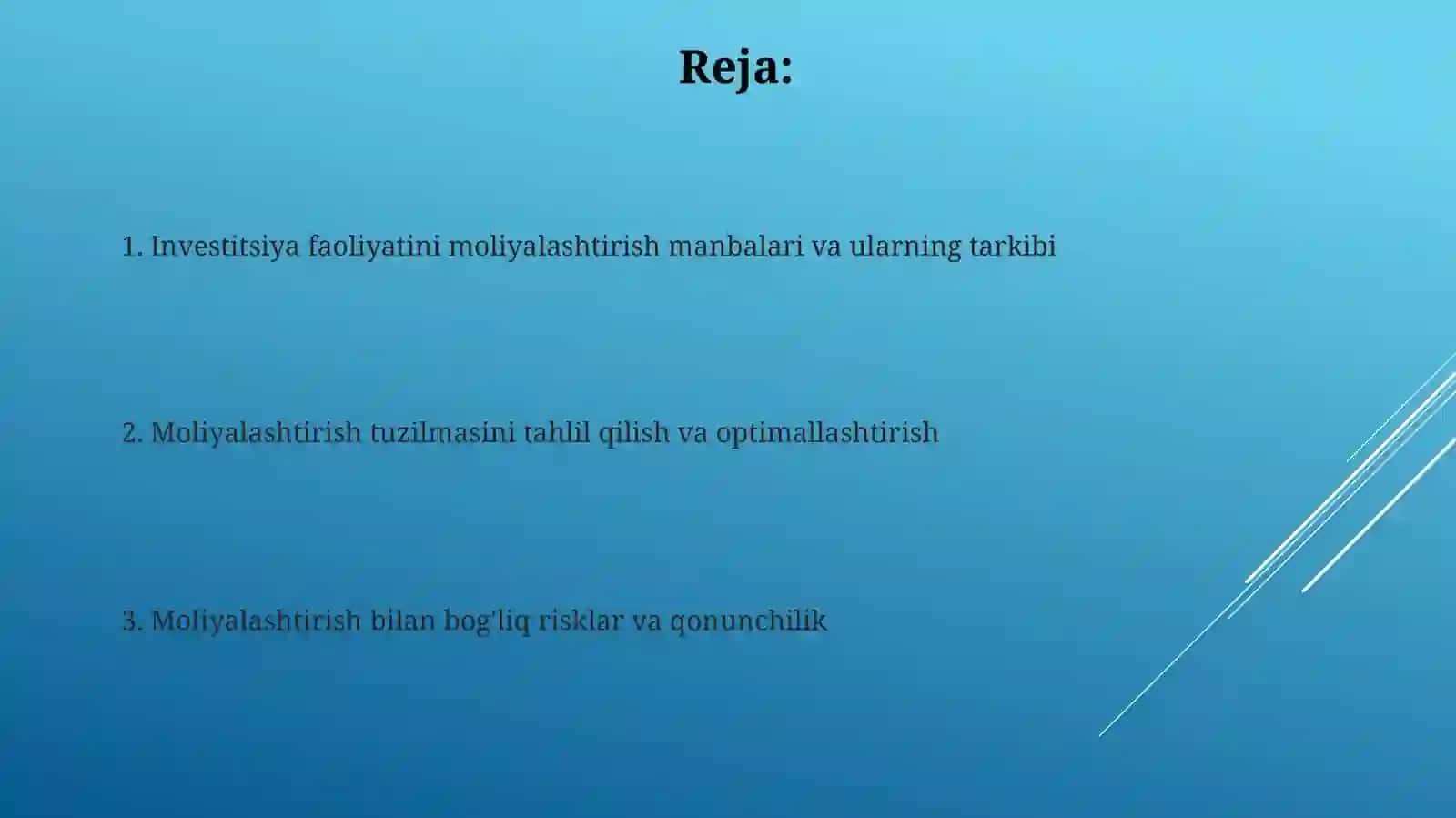 Investitsiya faoliyatini moliyalashtirish manbalari va ularning tarkibi 2
