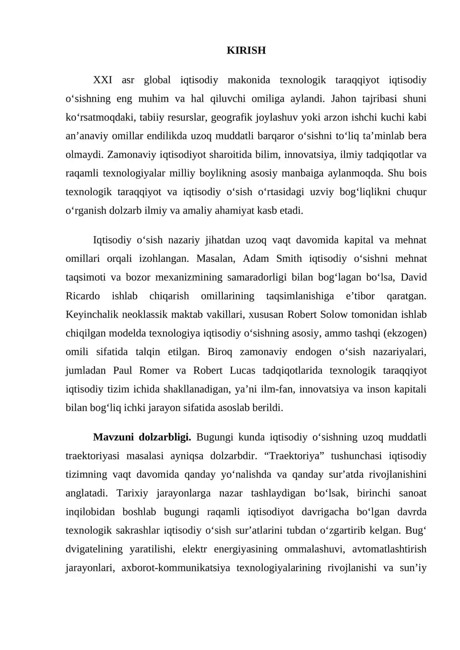Texnologik taraqqiyot va iqtisodiy o‘sishning uzoq muddatli traektoriyasi 2