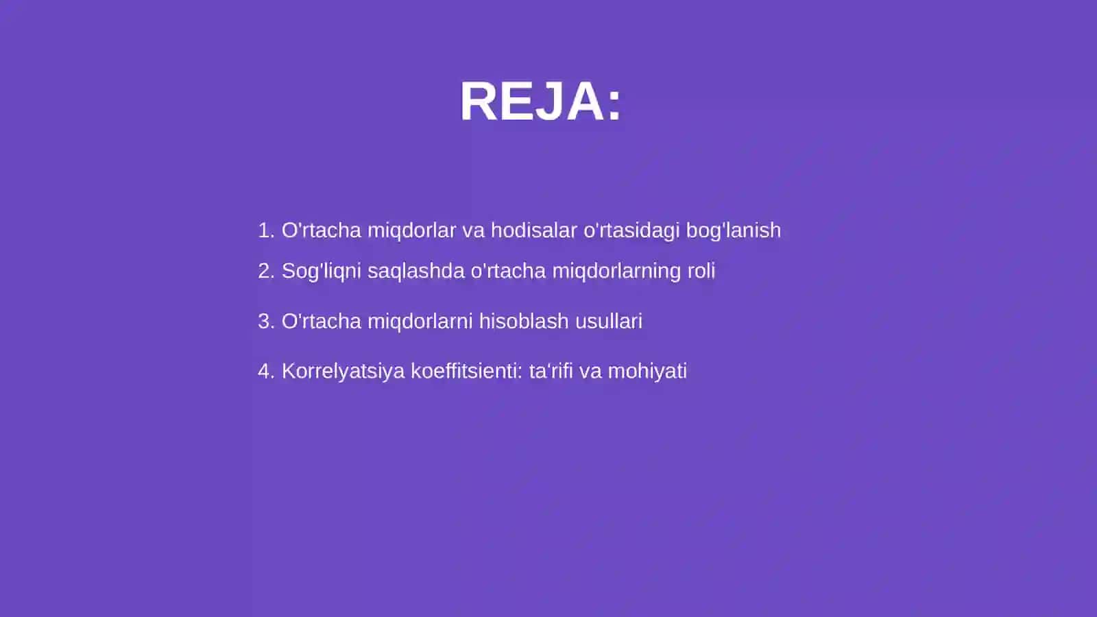 O'rtacha miqdorlar va hodisalar o'rtasidagi bog'lanish 2