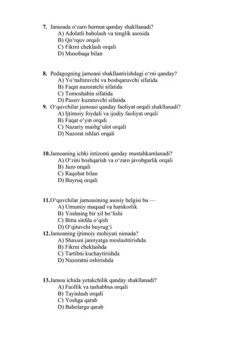 Jamoa tushunchasi. Oʻquvchilar jamoasini shakllantirishning ahamiyati mavzusida test 2