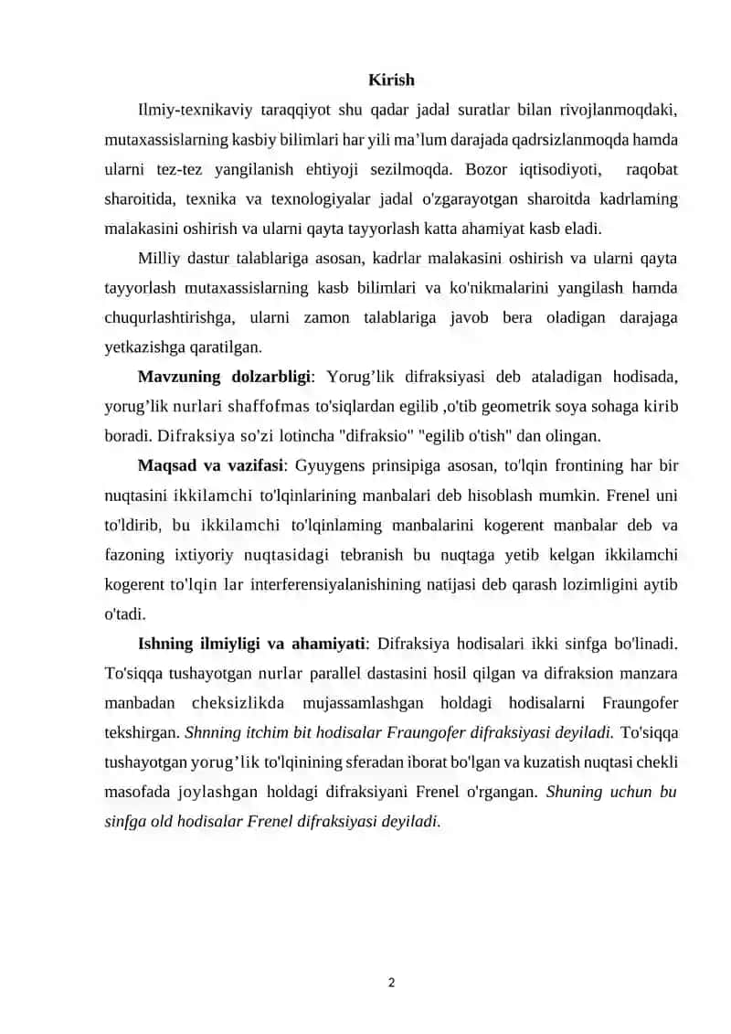 Difraksiya hodisasi yordamida to’lqin uzunligini aniqlashni o’rganish 2