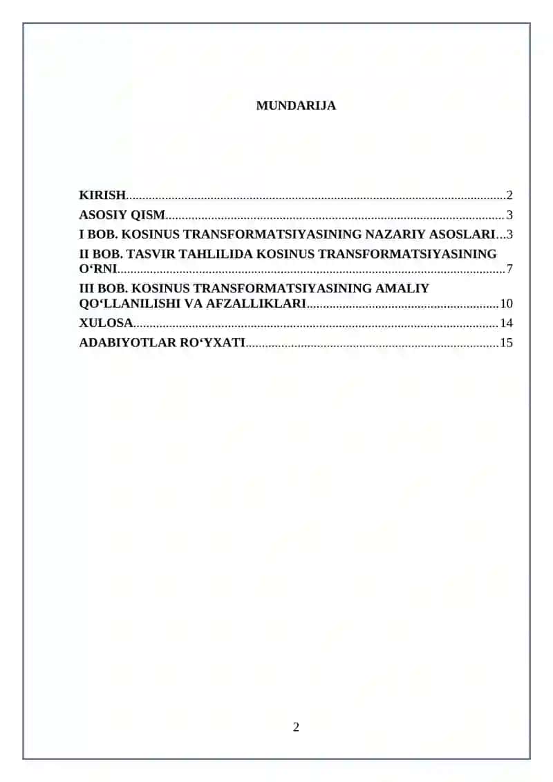 “Kosinus transformatsiyasining tasvir tahlilidagi ahamiyati” 2