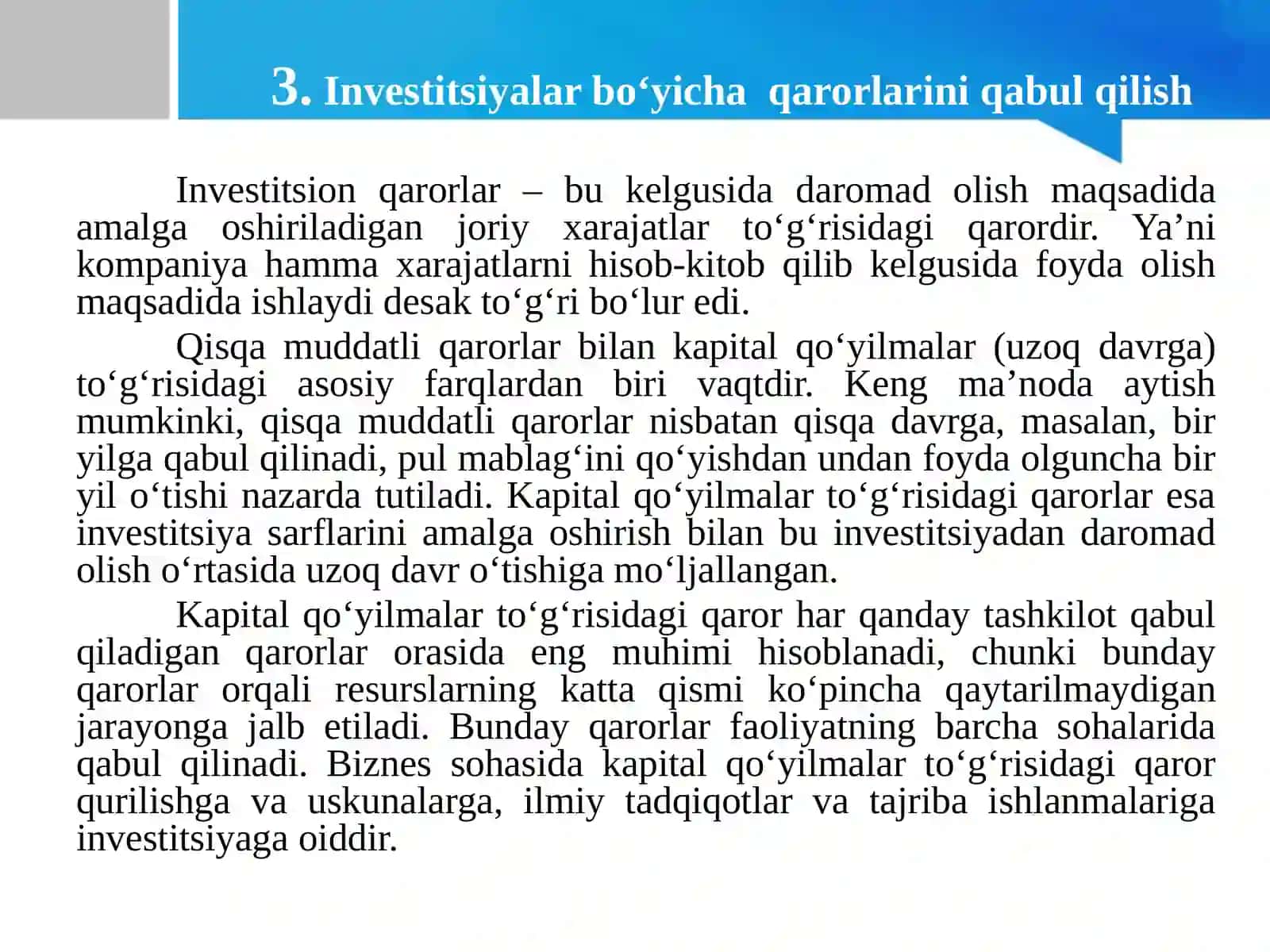 Investitsiyalar bo‘yicha qarorlarini qabul qilish 2