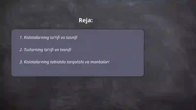 Kislotalar va tuzlar ularning tabiatda tarqalishi nomlanishi olinishi va kimyoviy xossalari Avazxonova Odina 2