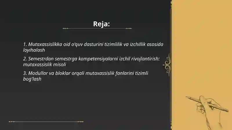 Ta'limning tizimlilik va izchillik prinsplarini amalga oshirish qoidalarini mutaxassisligingizga oid mavzu misolida taqdimot qiling 2