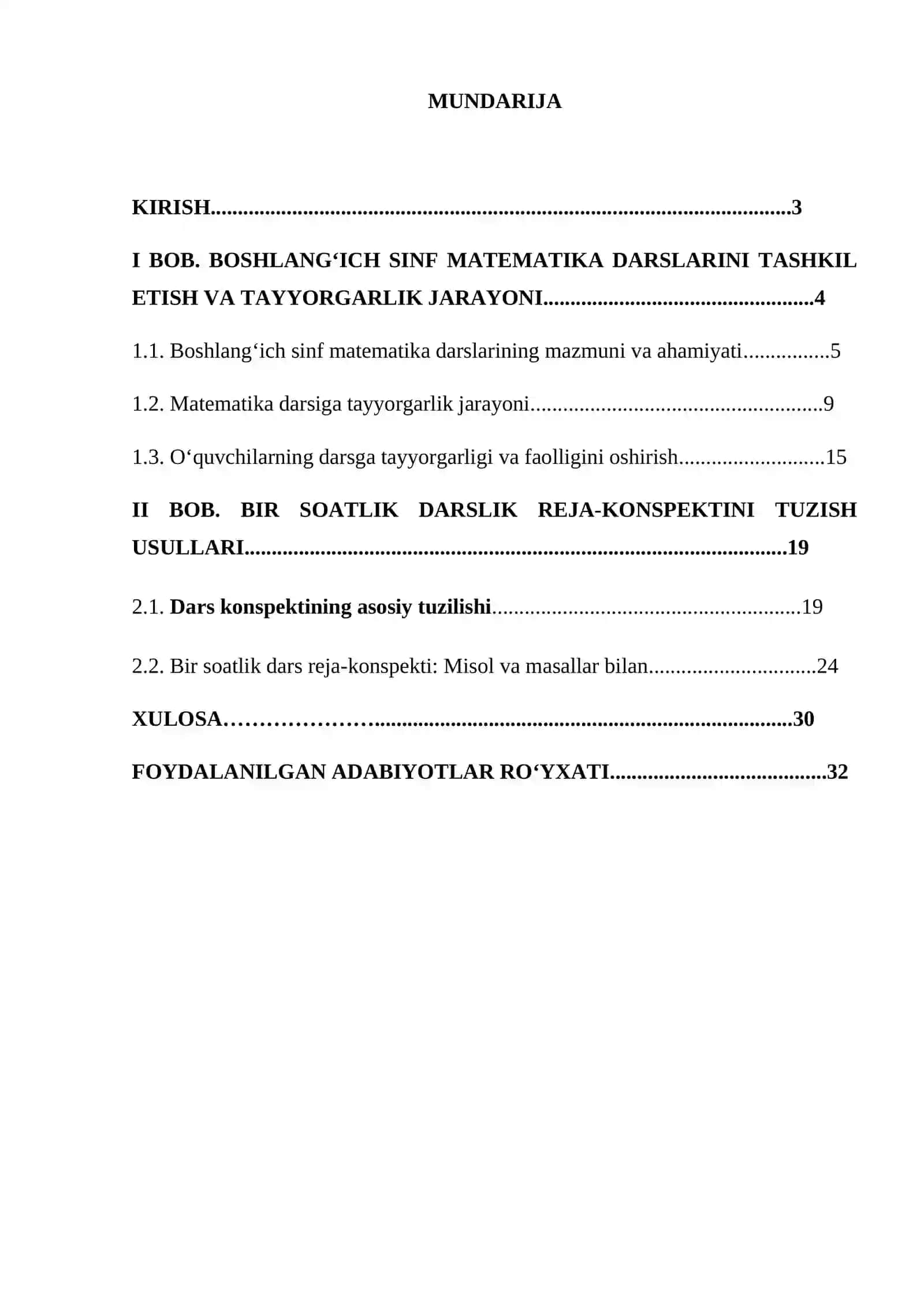 Boshlang‘ich sinf matematika darslarida darsni tashkil qilishga tayyorgarlik, bir soatlik dars reja konspektini tayyorlash 2