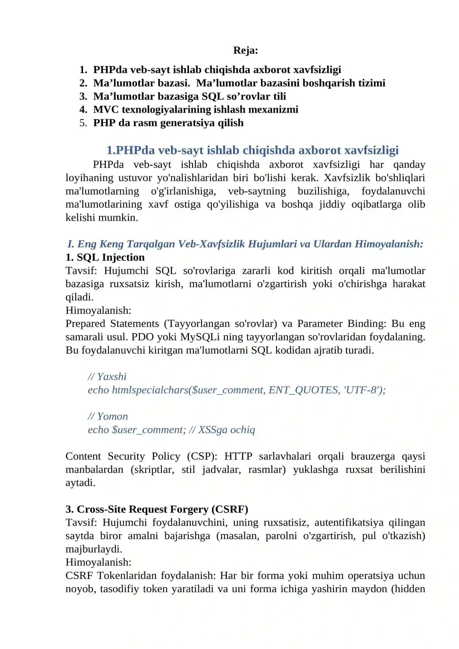 PHPda veb-sayt ishlab chiqishda axborot xavfsizligi 2