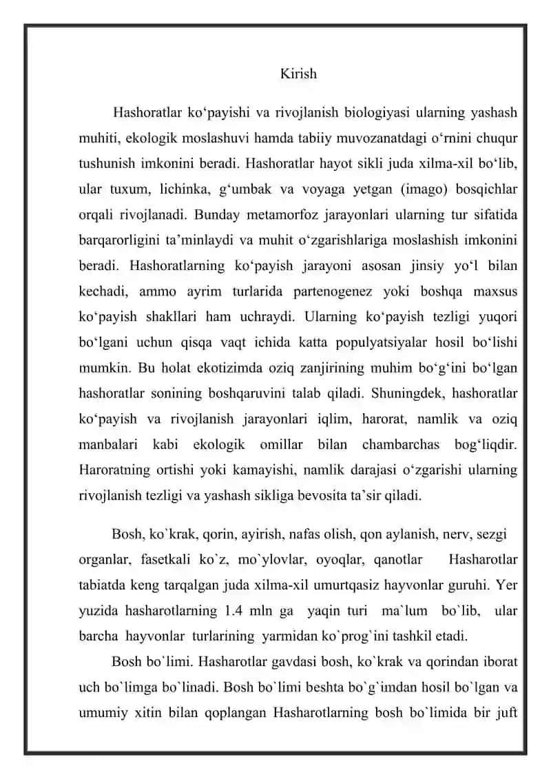 Mustaqil ish Hashoratlar koʻpayishi va rivojlanish biologiyasi 2