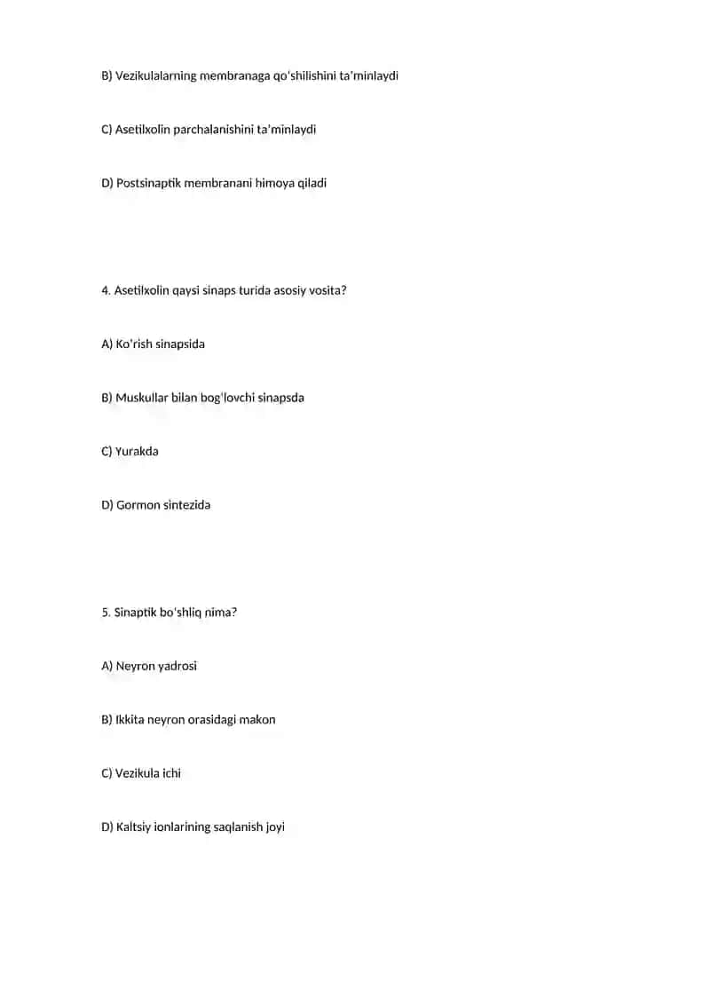 Sinapslar fiziologiyasi – Test savollari 2