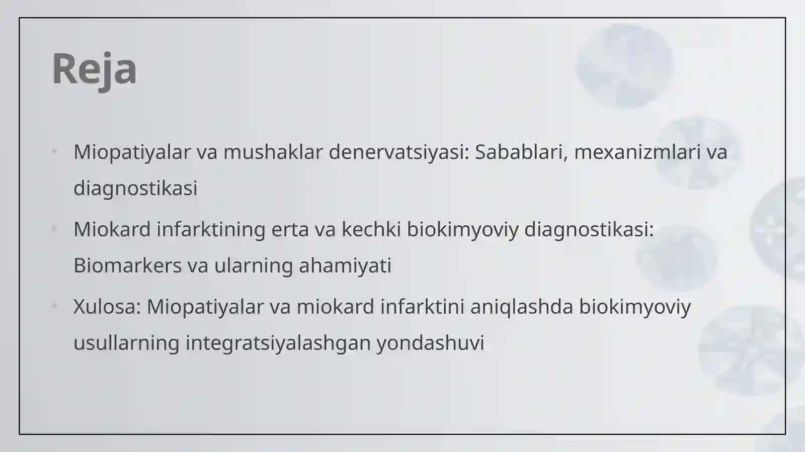 Miopatiyalar.Mushaklar denervatsiyasi. Miokard infarktining erta va kech biokimyoviy tashxisi 2