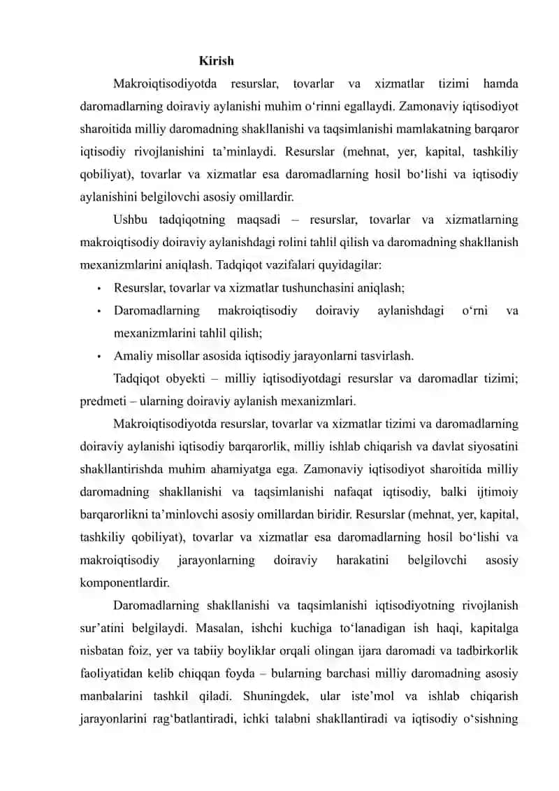 “RESURSLAR, TOVARLAR VA XIZMATLAR: DAROMADLARNING MAKROIQTISODIY DOIRAVIY AYLANISHI” 2