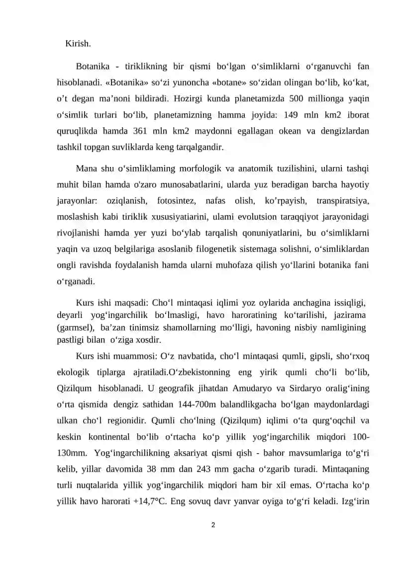 O’zbekiston Cho’l Mintaqasida O’Suvchi O’simliklar va Ularga Sistematik Tarif 2