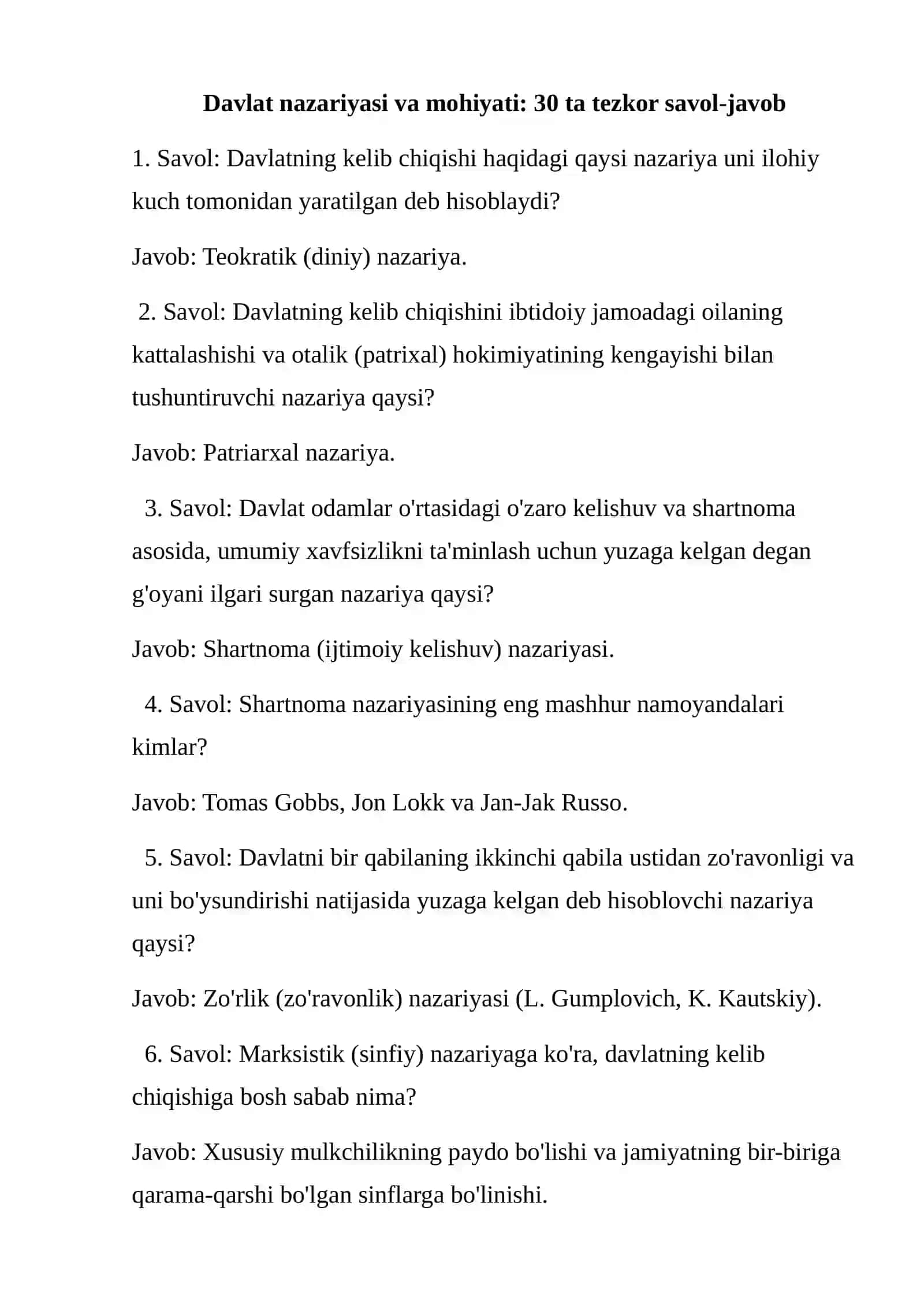 Mavzulashtirilgan To'liq Konspekt varianti (100–150 ta savol)Davlat nazariyasi va mohiyati Huquq normalari va manbalari Konstitutsiyaviy tuzum asoslari  Inson huquqlari va sud-huquq tizimi 2