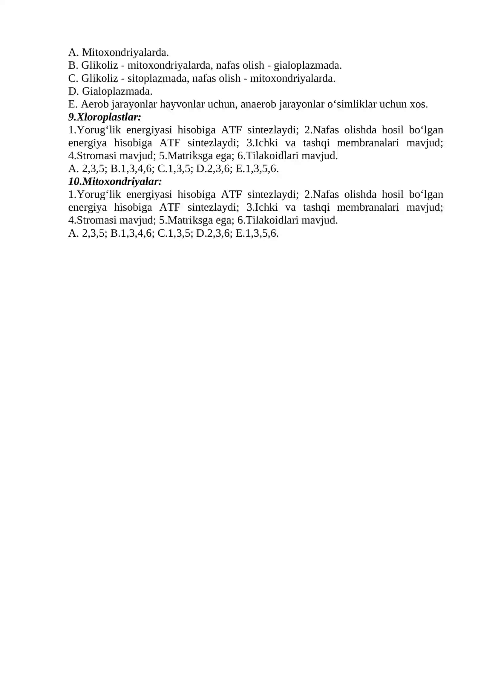 Oqsil biosintezi. Hujayrada moddalar va energiya almashinuvi mavzusi bo’yicha test topshiriqlari 2