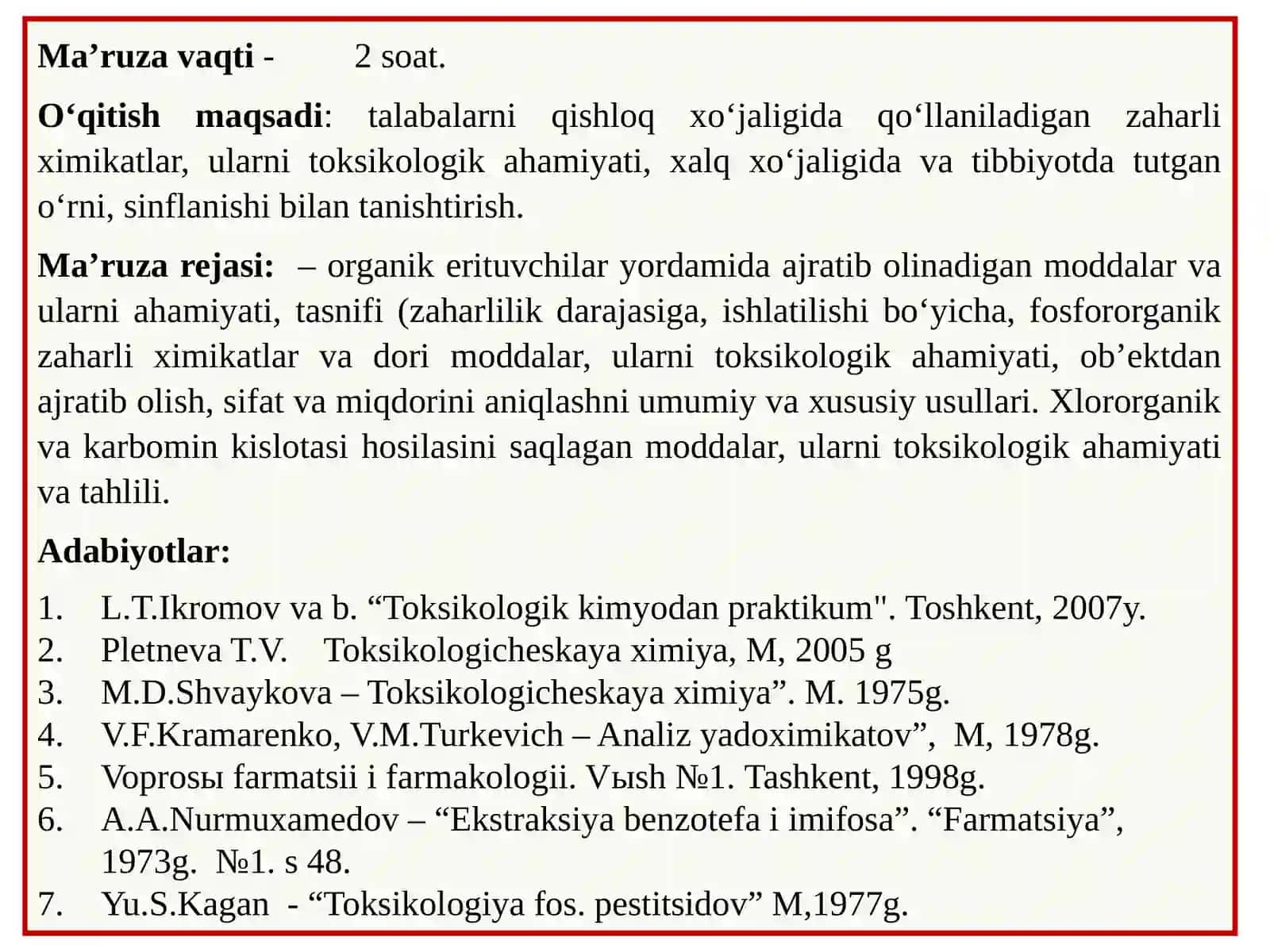 FOB, XOB, KARBAMIN KISLOTA HOSILALARI VASINTETIK PIRETROIDLAR. ULARNI OB’EKTLARDAN AJRATIB OLISH VA TAHLILUSULLARI 2