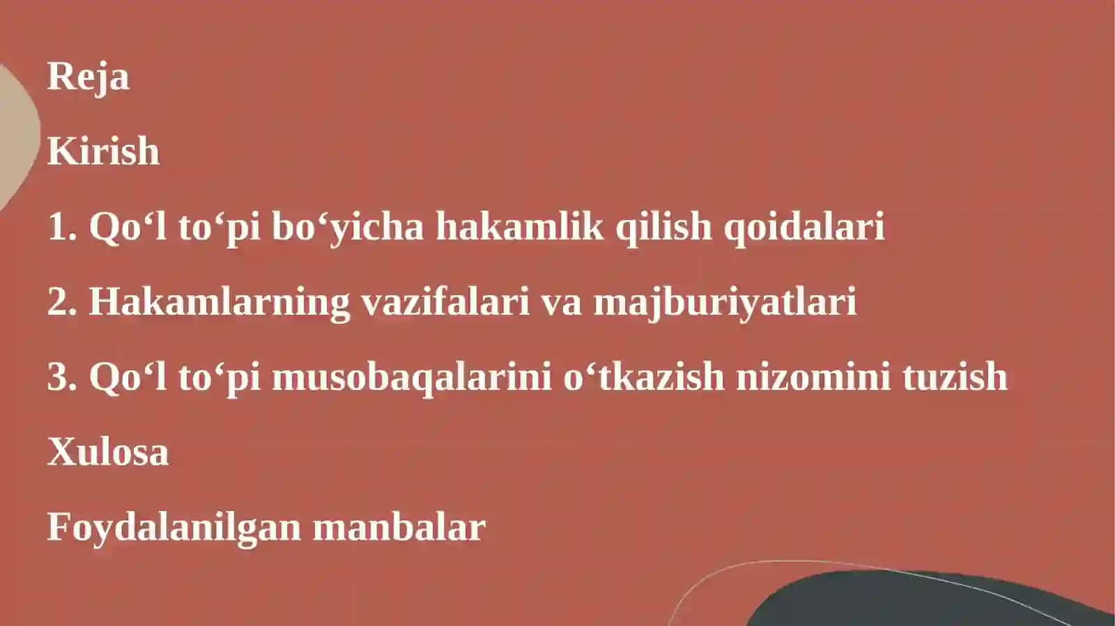 Qo‘l to‘pi bo‘yicha hakamlik qilish qoidalari, hakamlarning vazifalari, musobaqalar 2