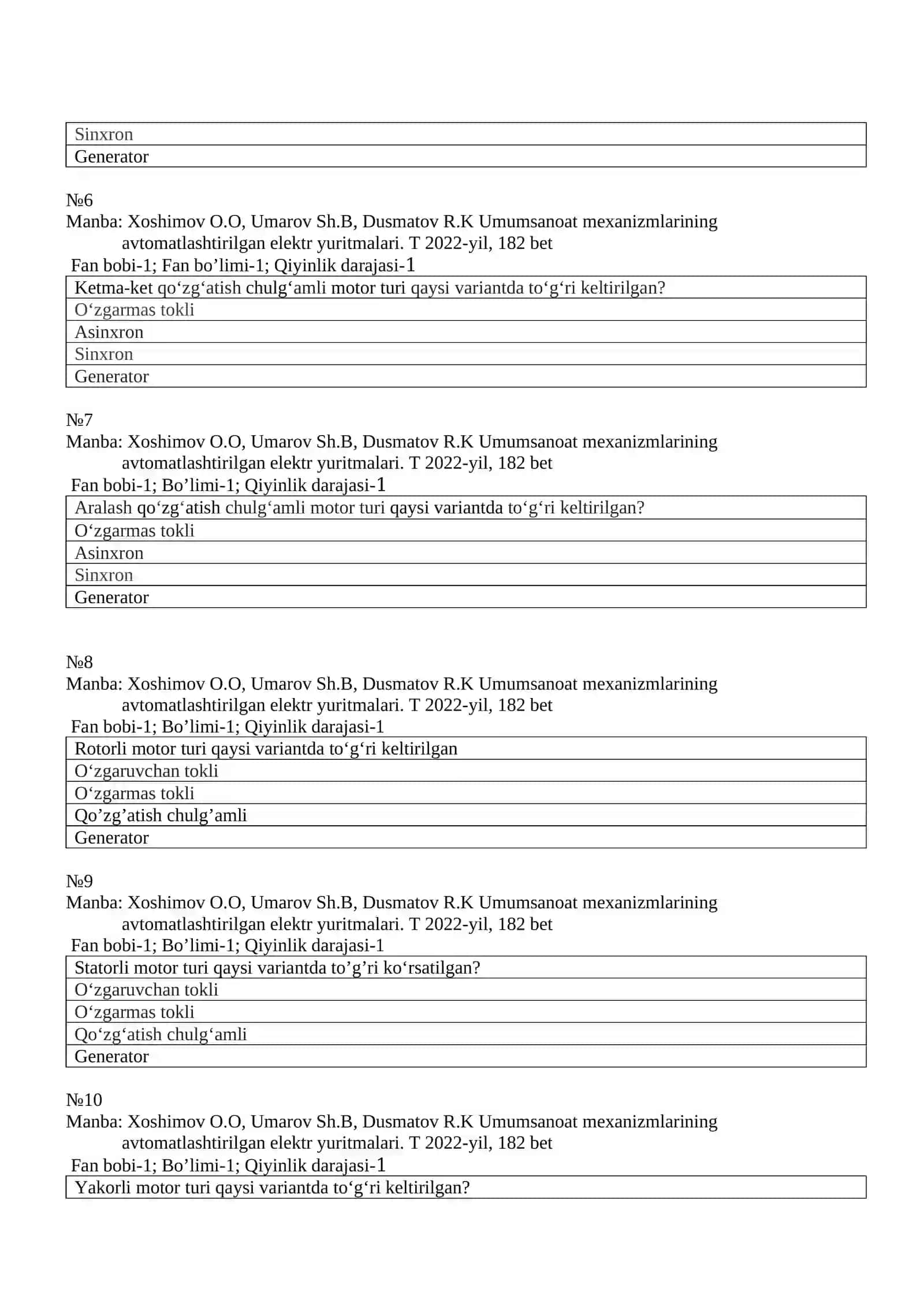 Umumsanoat mexanizmlarining avtomatlashtirilgan elektr yuritmalari fanidan test savollari 2