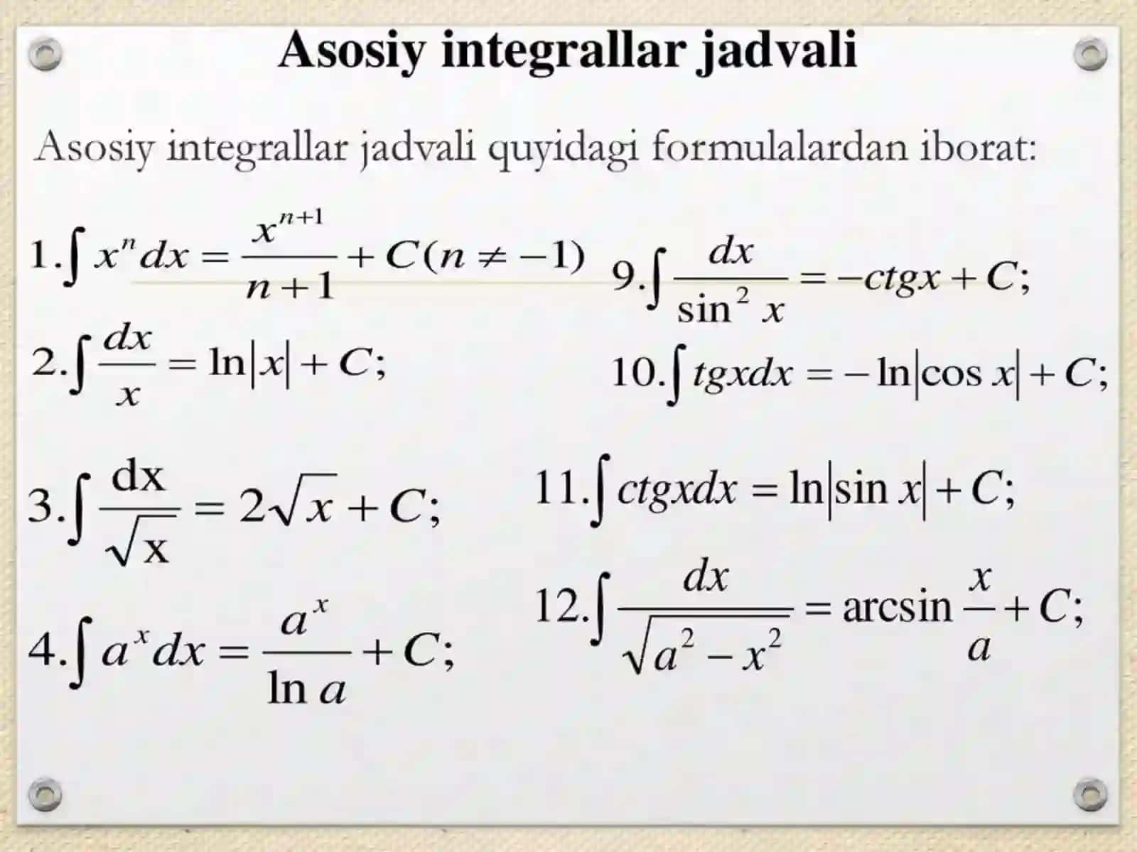Integrallari jadvali. Aniq integral. Nyuton-Lyubnits formulasi 2