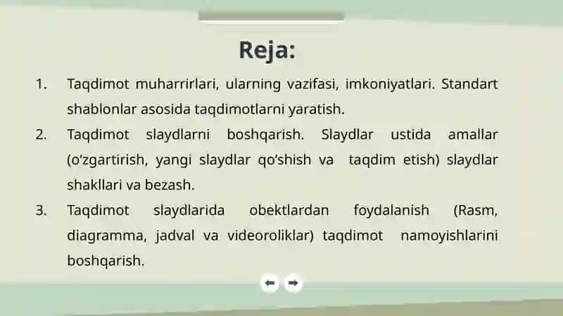 Taqdimot yaratuvchi dasturlar imkoniyatlari bilan tanishish 2