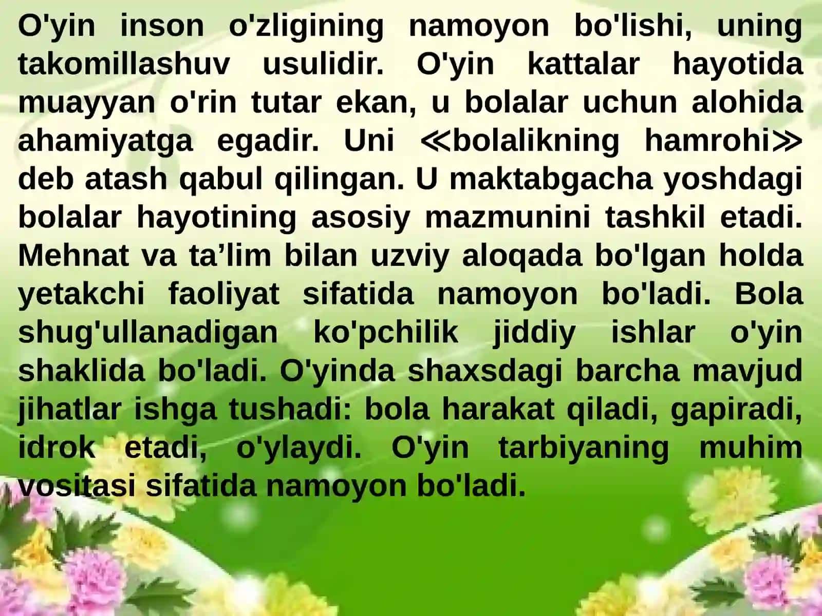 Maktabgacha yoshdagi bolaning rivojlanishida o‘yinning roli va maktabgacha ta’lim tashkilotining ta’lim-tarbiya jarayonida uning ahamiyati 2