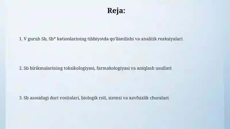 V guruh Sb, Sb* kationlarining tibbiyotda qo'llanilishi va analitik reaksiyalari 2