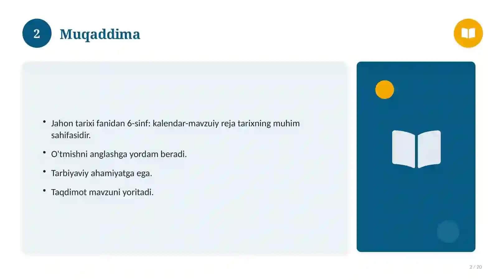 Jahon tarixi fanidan 6-sinf: kalendar-mavzuiy reja 2