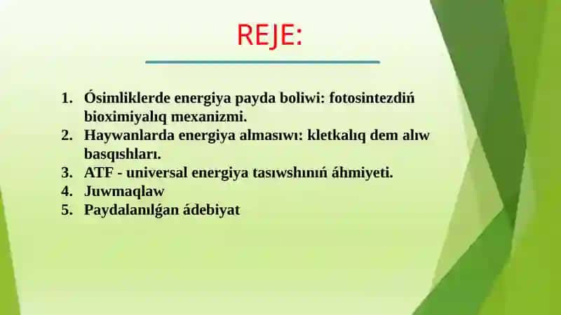 Haywanlar hám ósimliklerde energiya payda bolıwı 2
