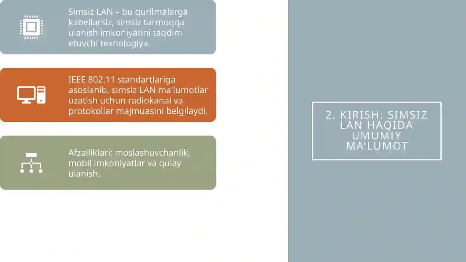 Kompyuter tarmoqlarining standart texnologiyalari: simsiz LAN. IEEE 802.11 tavsifi 2