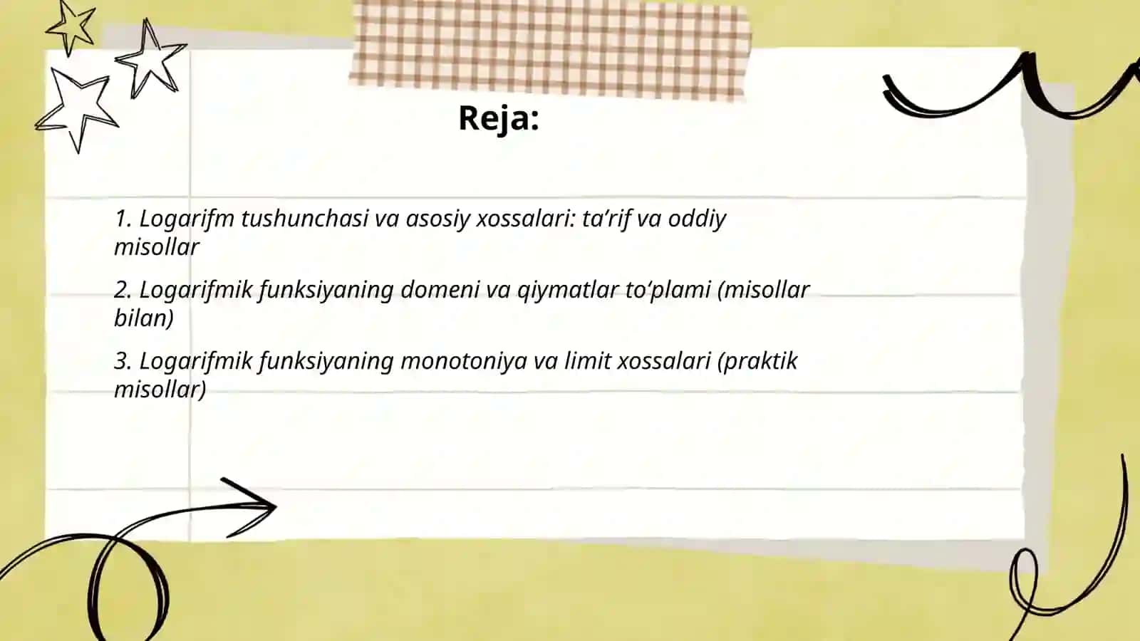 Logarifmik funksiyalar va ularning xossalariga oid misollar yechish 2