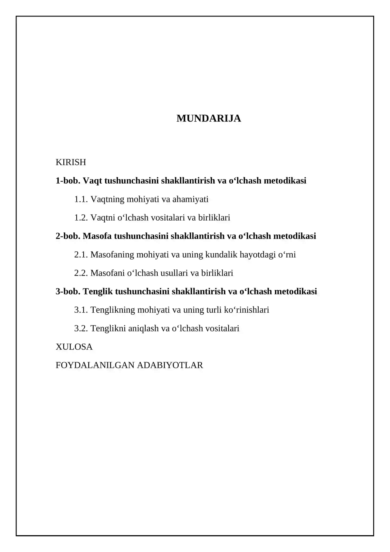 Vaqt, masofa, tenglik haqida tasavvurlarni tarkib toptirish va ularning o‘lchov birliklarini o‘rgatish metodikasi 2