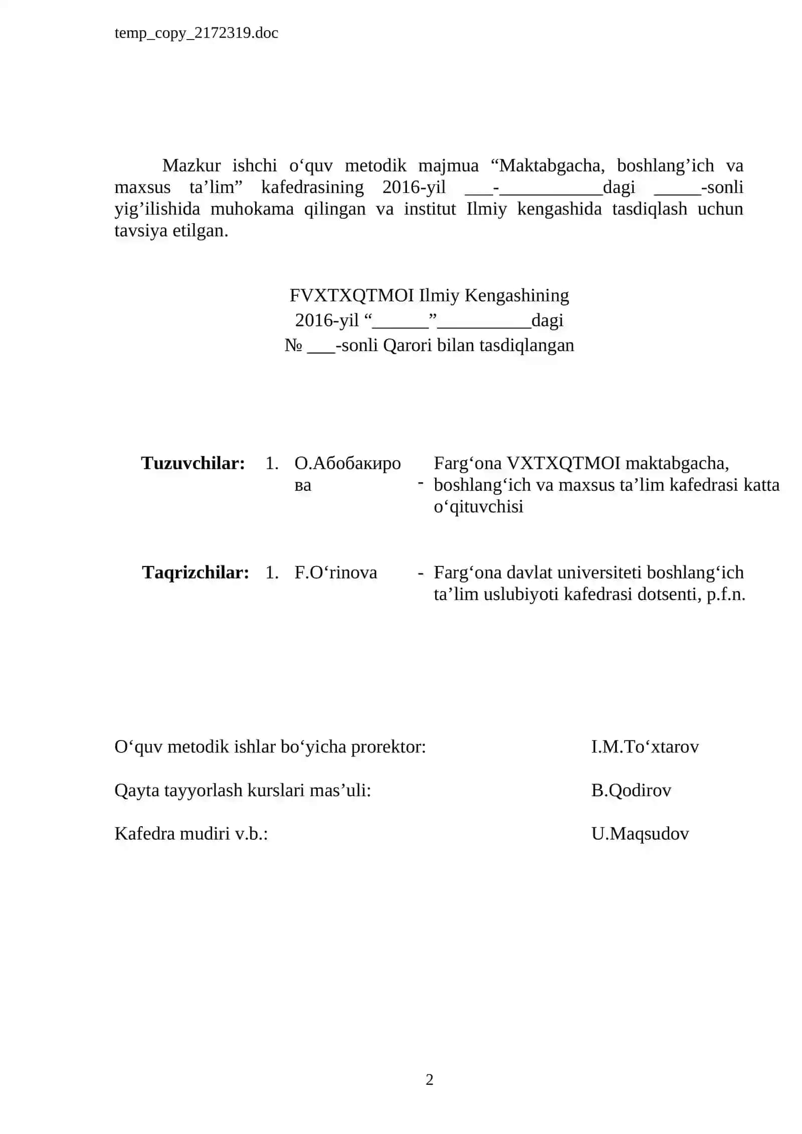 “TARBIYAVIY ISHLAR METODIKASI” FAN MODULIDAN O‘QUV – METODIK MAJMUA 2