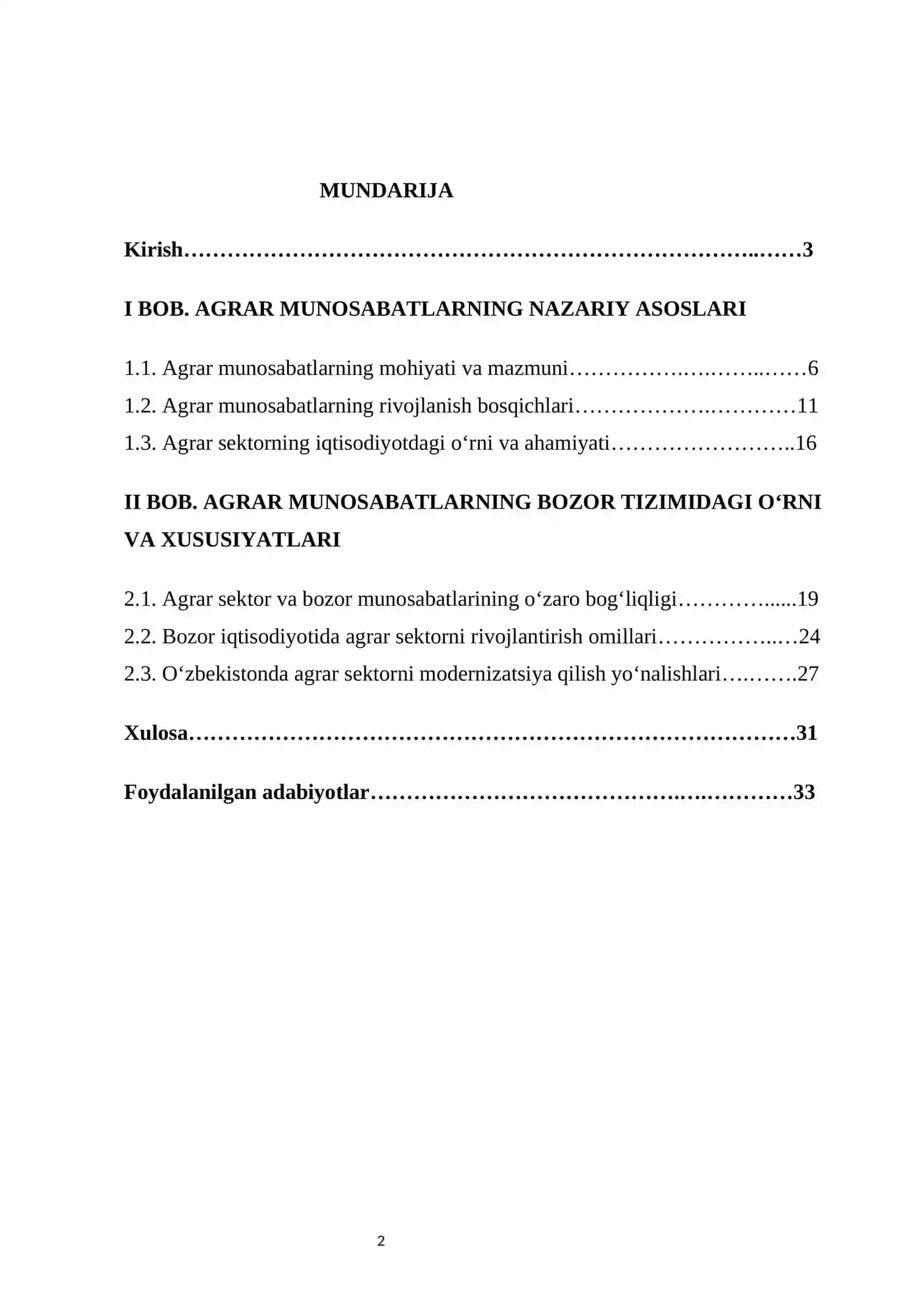 Agrar munosabatlar va ularning bozor tizimidagi xususiyatlari kurs ishi 2