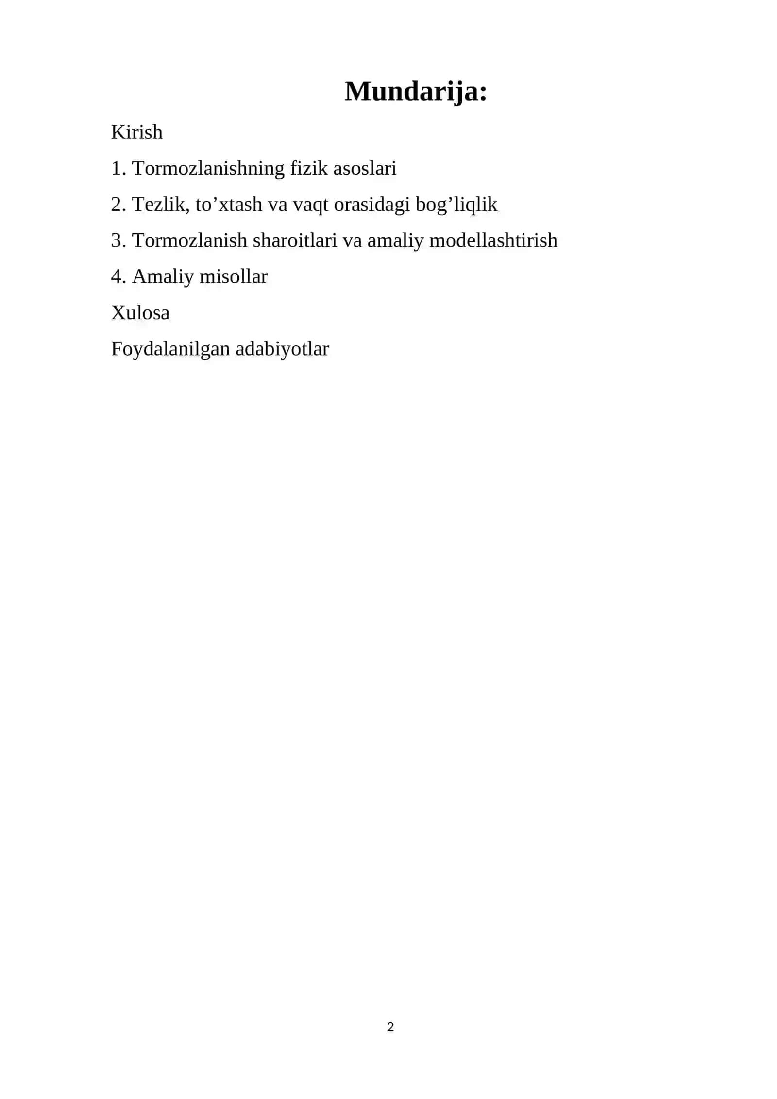 AVTOMOBILNING TORMOZLANISH DINAMIKASI: TEZLIK, YO‘L VA VAQT ORASIDAGI BOG‘LANISH MODELI 2
