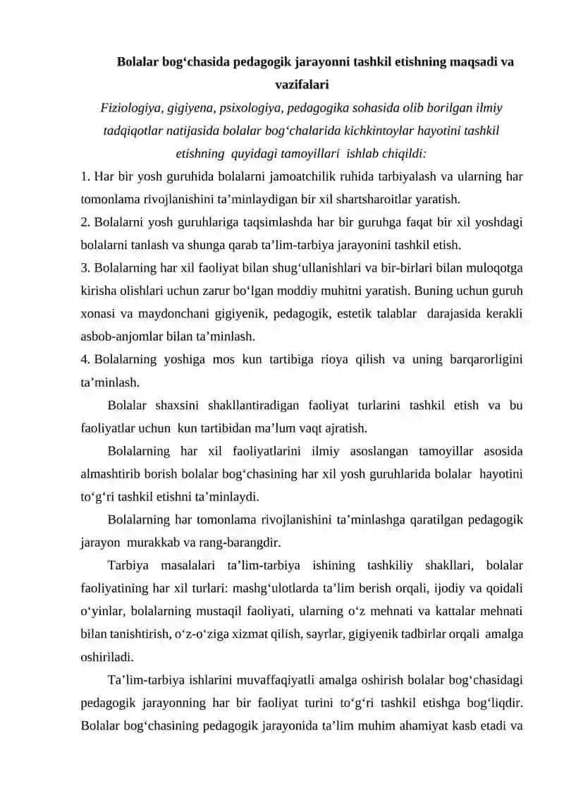 Bolalar bog‘chasida pedagogik jarayonni tashkil etishning maqsadi va vazifalari 2