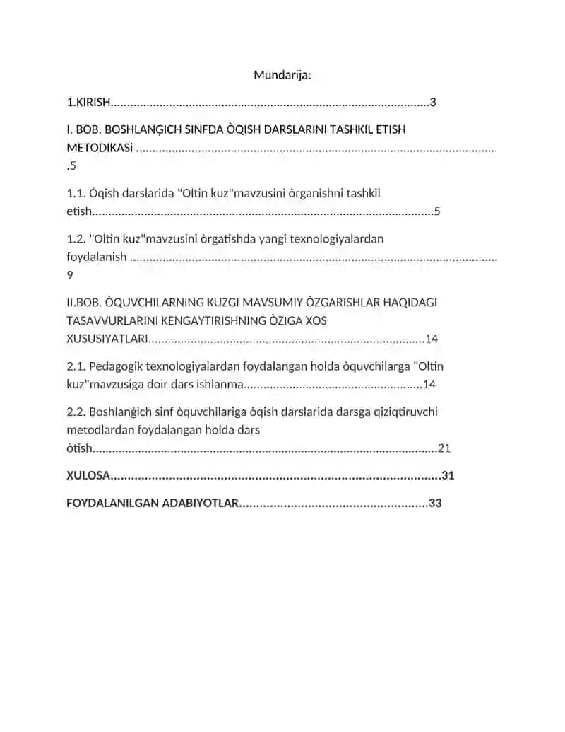 Òqish darslarida "Oltin kuz" mavzusini òrganish. 2
