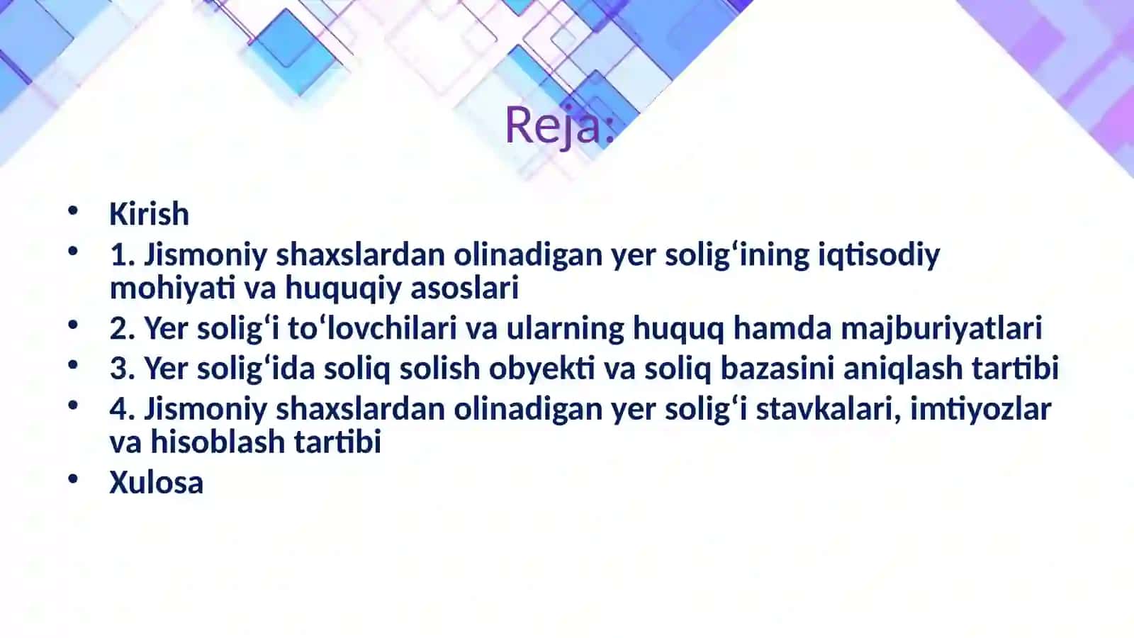Jismoniy shaxslardan olinadigan yer soligʻi soliq toʻlovchilar,soliq solish obektining va soliq bazasi. 2
