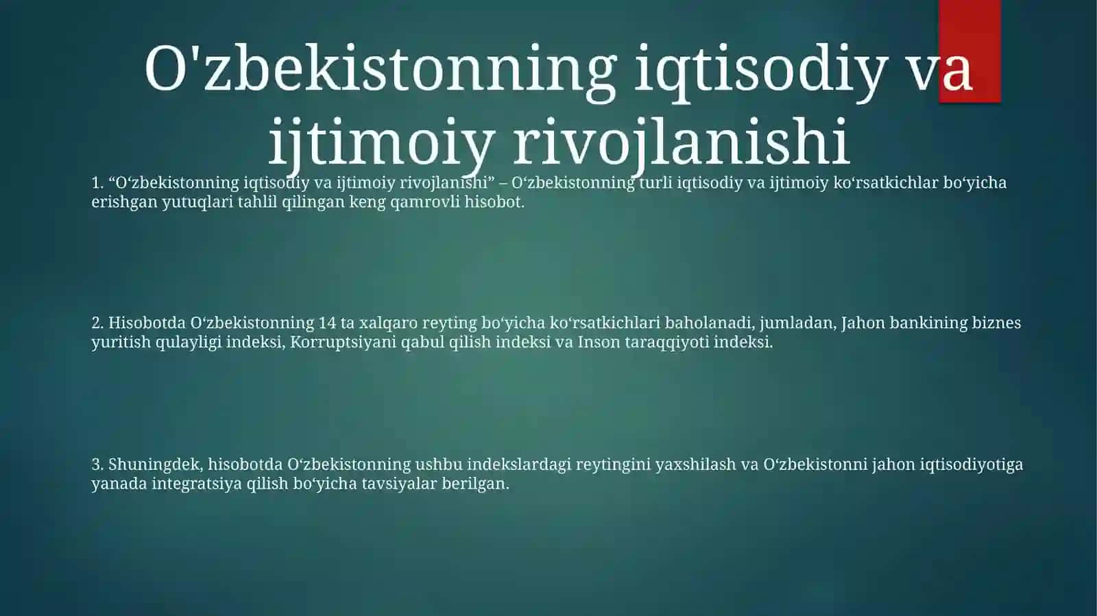 O‘zbekistonning iqtisodiy va ijtimoiy rivojlanishi 2