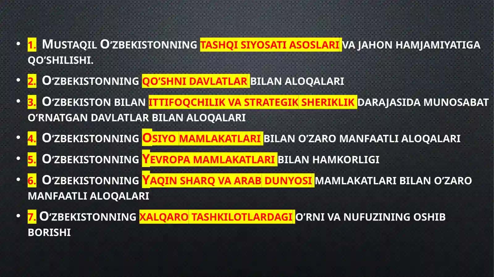 O’zbekistonning xalqaro aloqalari va jahon hamjamiyatidagi o’rni. Mamlakatning xalqaro reyting va indekslarda nufuzining ortib borishi 2