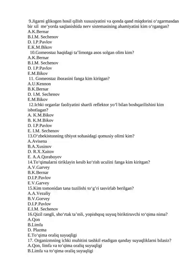 Hayvonlar fiziologiyasi fanidan YaB uchun test savollari (500 ta) 2