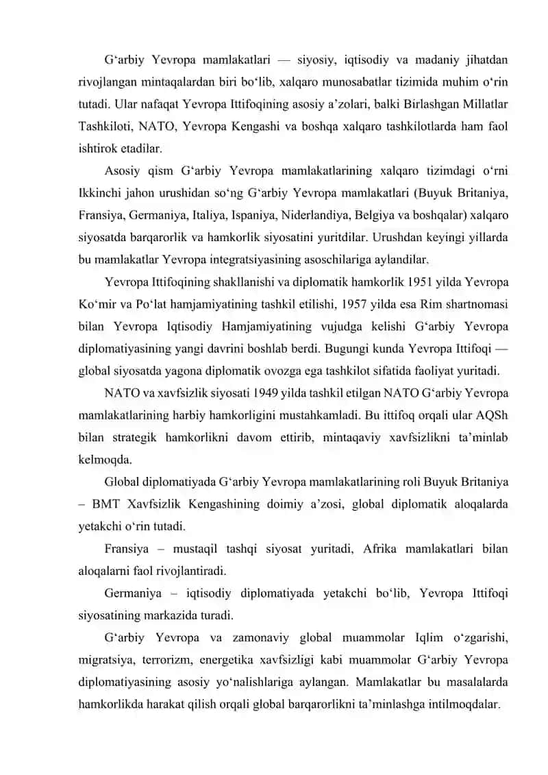 G'ARBIY YEVROPA MAMLAKATLARI XALQARO VA DIPLOMATIK MUNOSABATLAR TIZIMIDA. 2