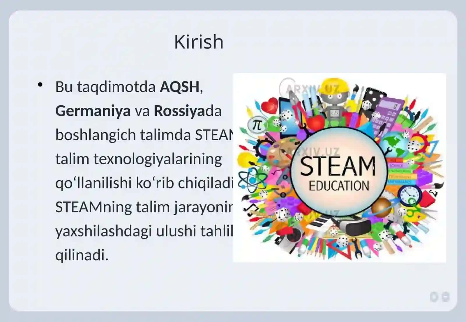 AQSH Germaniya va Rossiyada boshlang'ich ta'lim STEAM ta'lim texnologiyasidan foydalanish 2