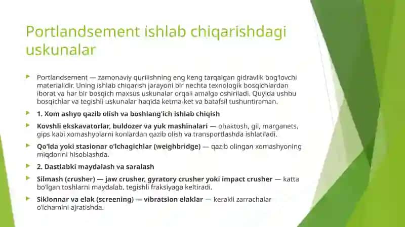 Portlandsement ishlab chiqarishdagi uskunalar. Gidravlik bog'lovchi moddalar, turlari, xossalari, afzallik va kamchiliklari 2