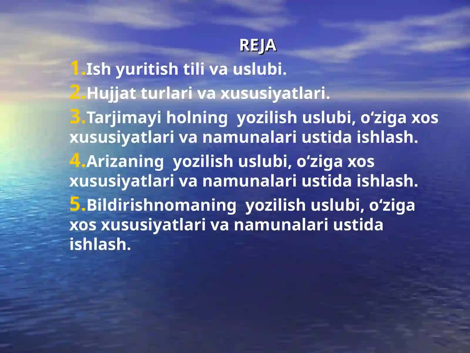 Ish yuritish tili va uslubi. Hujjat turlari va xususiyatlari: tarjimayi hol, ariza, bildirishnoma 2
