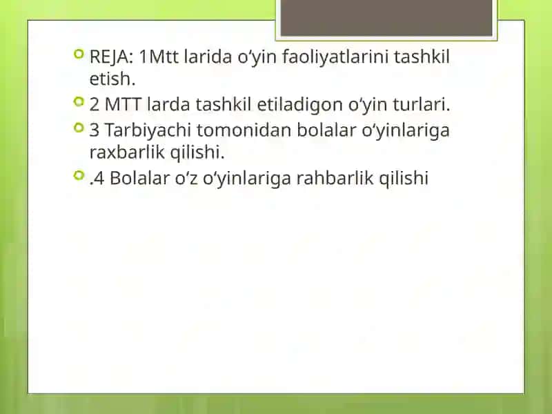 MAKTABGACHATA’LIM TASHKILOTI SHAROITLARIDA O‘YIN FAOLIYATLARINI TASHKIL ETISH VA UNGA RAXBARLIKQILISHi 2
