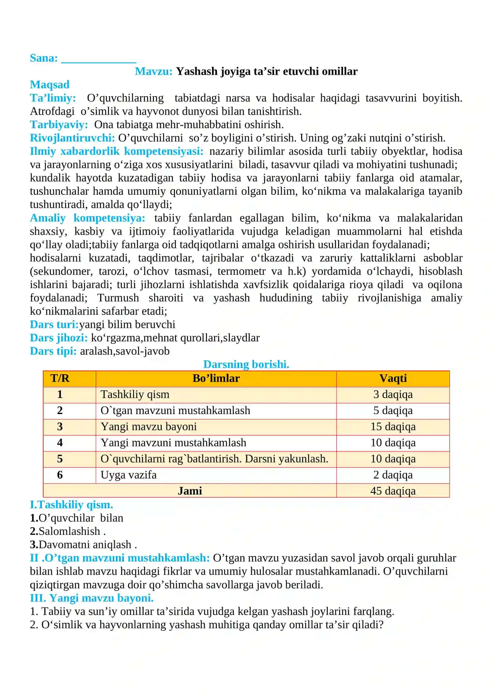 3-sinf Tabiiy fan (Science) Yashash joyiga ta'sir etuvchi omillar dars ishlanma 2