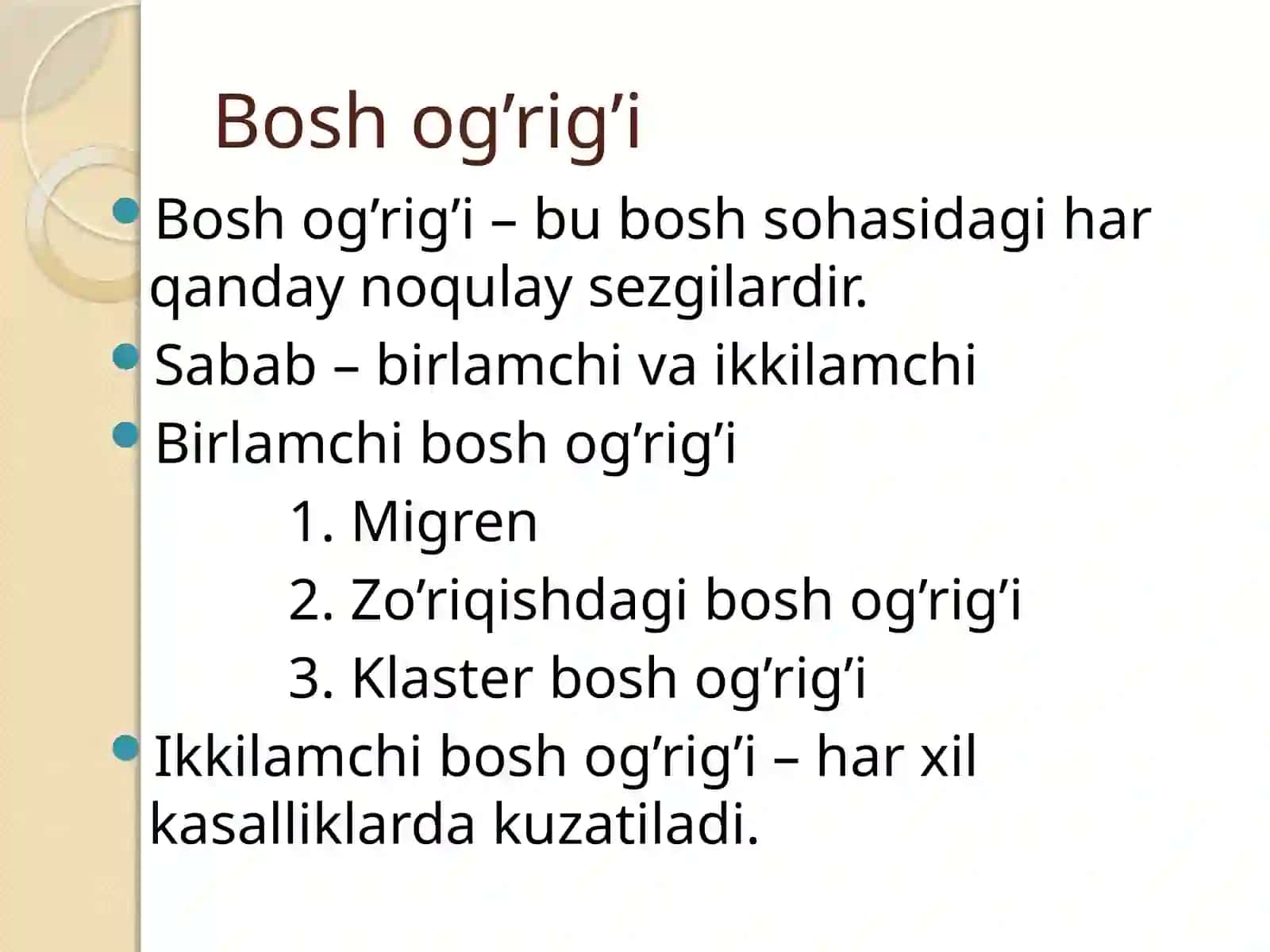Bosh og’rig’i. Migren 2