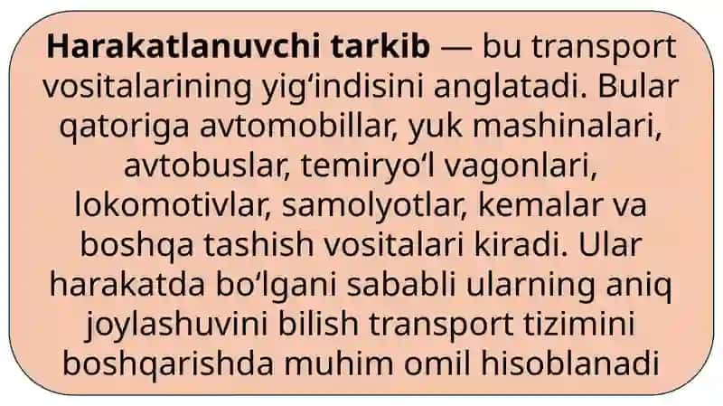 HARAKATLANUVCHI TARKIBNING JOYLASHUVINI ANIQLASH, TRANSPORT MA’LUMOTLARINI YIG‘ISH VA TAHLIL QILISH 2