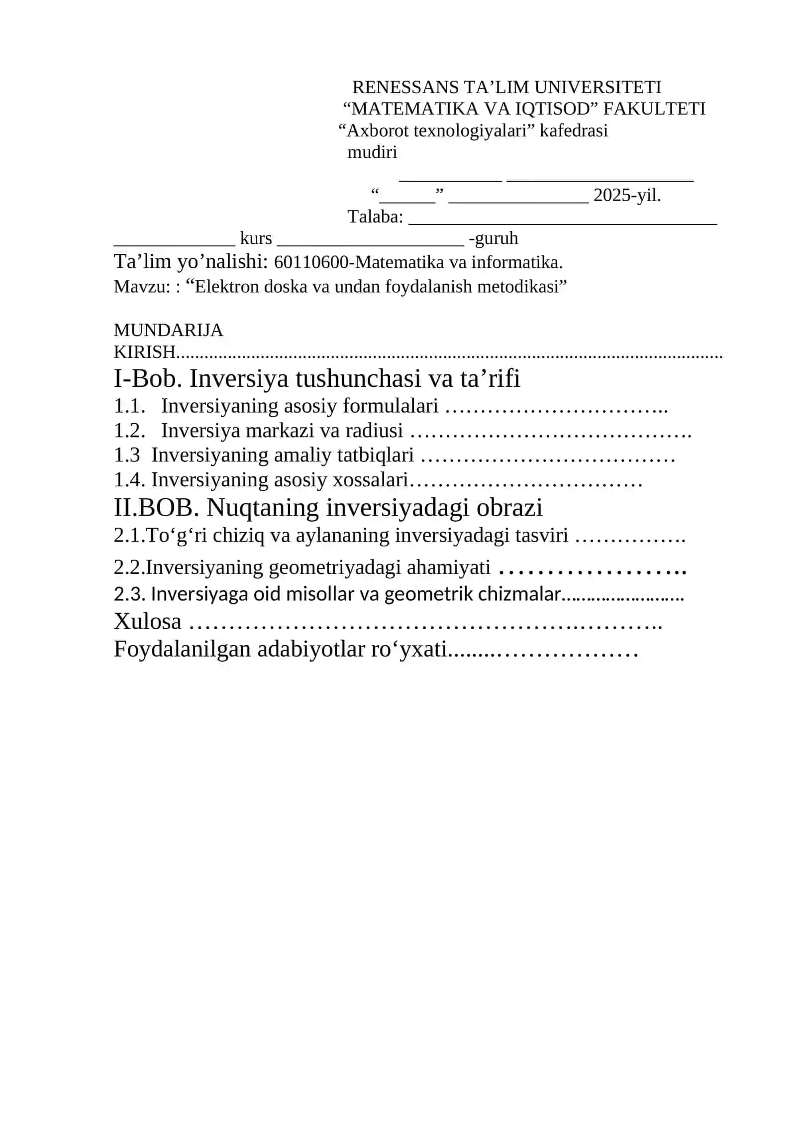 Matematika va informatika ta'lim yo‘nalishi - Inversiya va uning tatbiqlari 2