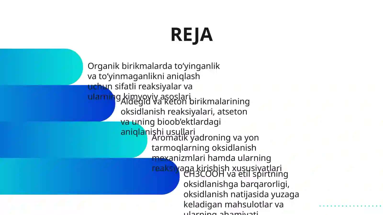 ORGANIK BIRIKMALARNI TO‘YINGAN VA TO‘YINMAGANLIGINI ANIQLASH SIFATIY REAKSIYALARI AROMATIK YADRO VA YON TARMOQNI OKSIDLANISHI. ALDEGID VA KETONLARNI OKSIDLANISH REAKSIYALARI. BIOOB’EKTLARDAGI ATSETONNI ANIQLASH. OKSIDLANISHGA CH3COOH BARQARORLIGI. ETIL SPIRTNI OKSIDLANISHI 2