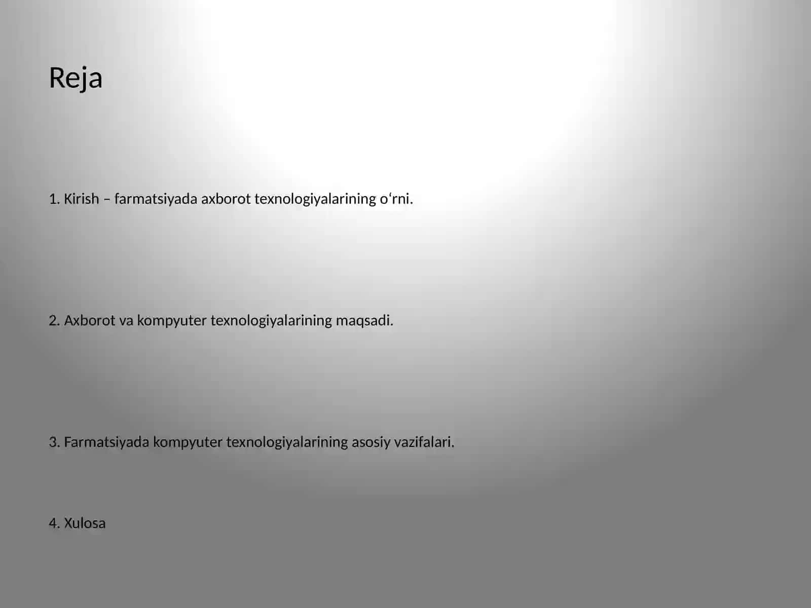 FarmATSIYADA AXBOROT VA KOMPYUTER TEXNOLOGIYALARINING MAQSAD VA VAZIFALARI.FAEMATSEVTIKA SOHASIGA OID AXBOROTLARNING XOSSALARI 2